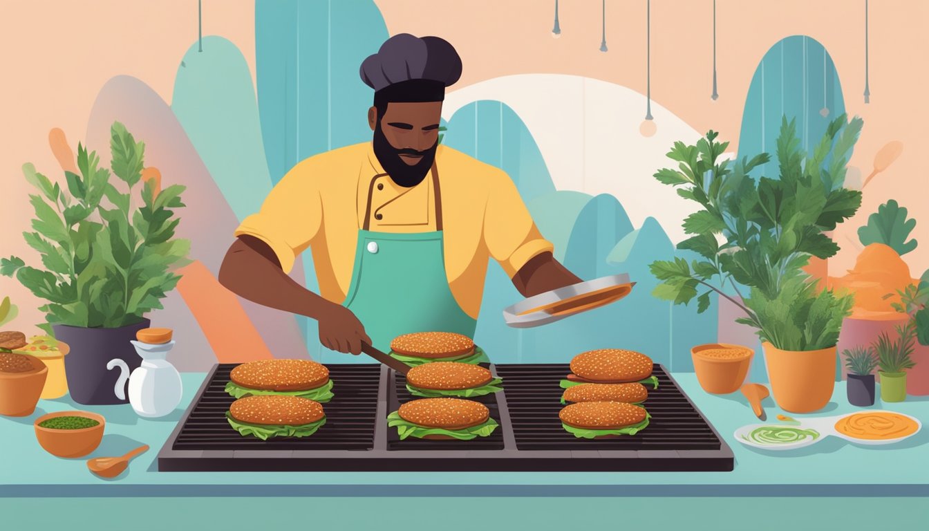 A chef placing gluten-free plant-based burgers on a sizzling grill, surrounded by colorful spices and herbs