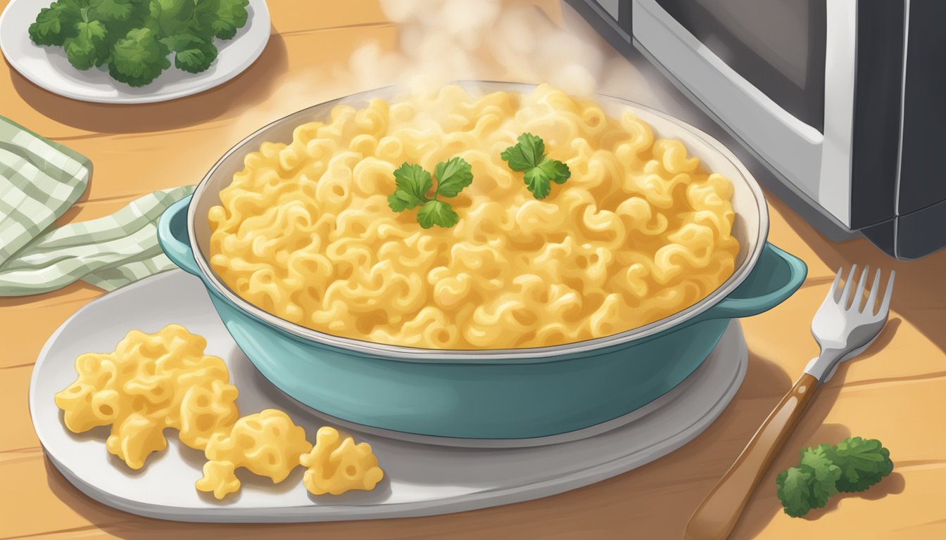 A steaming bowl of cauliflower-based mac and cheese being reheated in the microwave