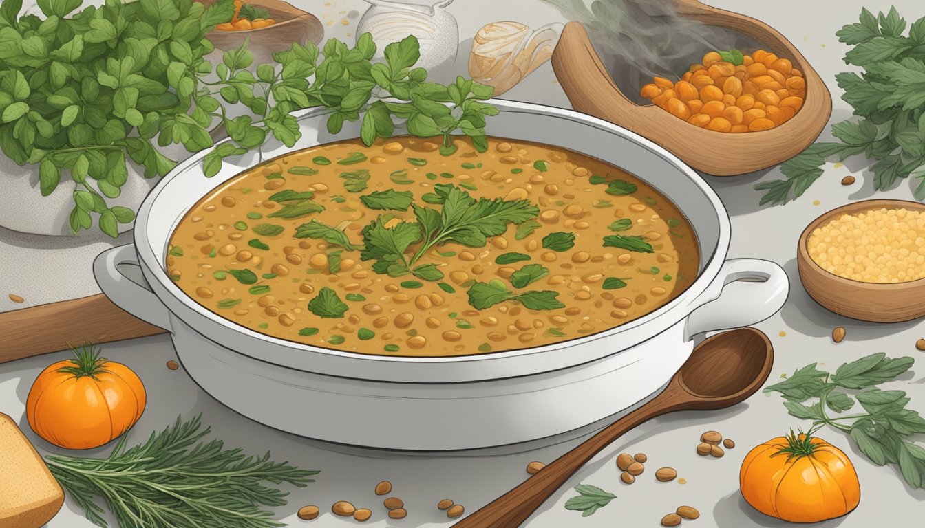 A steaming bowl of lentil soup sits on a stovetop, surrounded by fresh herbs and a sprinkle of black pepper