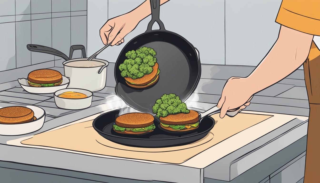 A person placing gluten free plant-based burgers on a non-stick skillet over medium heat, flipping them occasionally until heated through