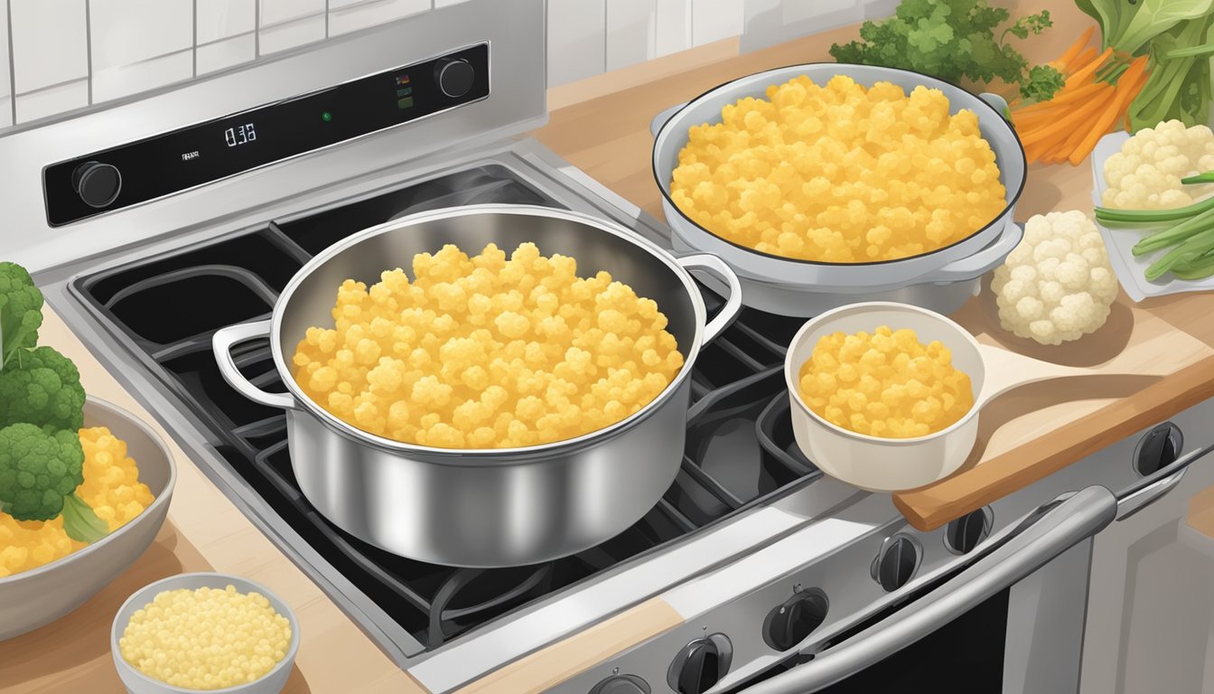 A pot of boiling water with cauliflower florets being added, a baking dish of gluten-free mac and cheese in the oven