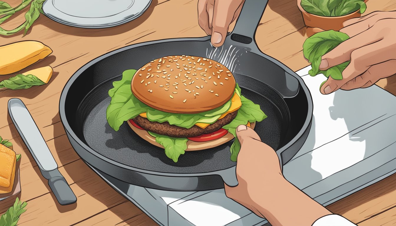 A person placing a gluten free plant-based burger on a heated skillet