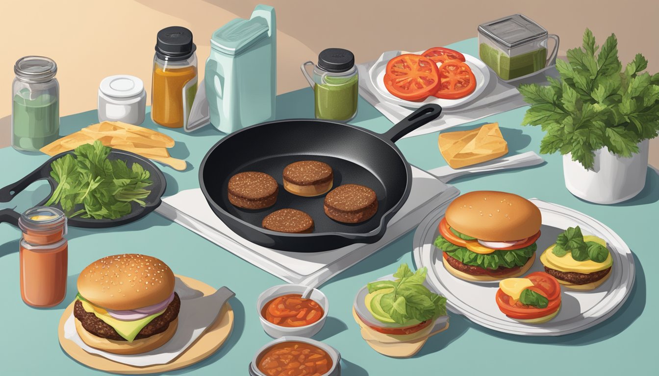 A kitchen counter with a skillet heating gluten-free plant-based burgers with various toppings and condiments nearby