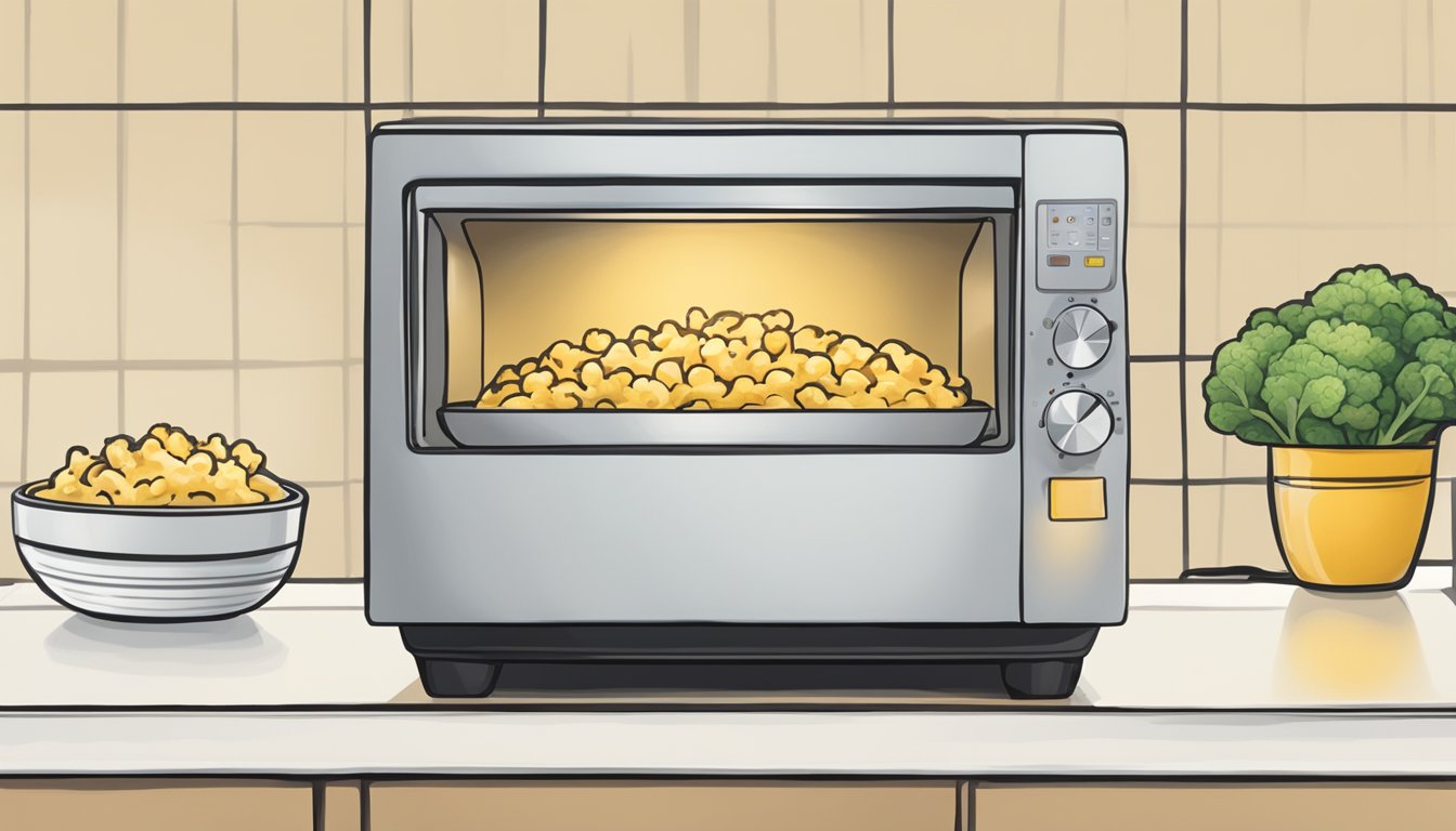 A bowl of gluten-free cauliflower mac and cheese being heated in the microwave