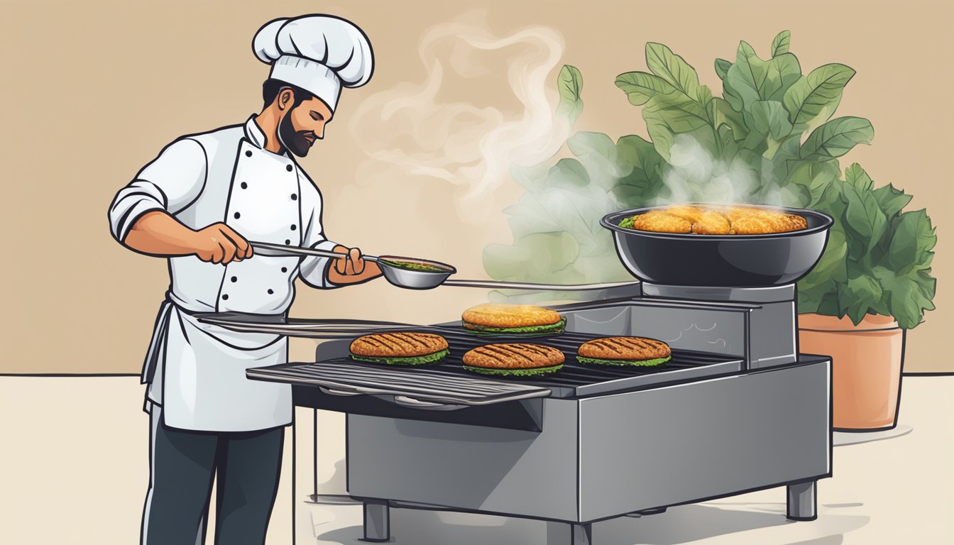 A chef placing gluten-free plant-based burgers on a sizzling grill. Steam rising as the burgers sizzle and cook to perfection