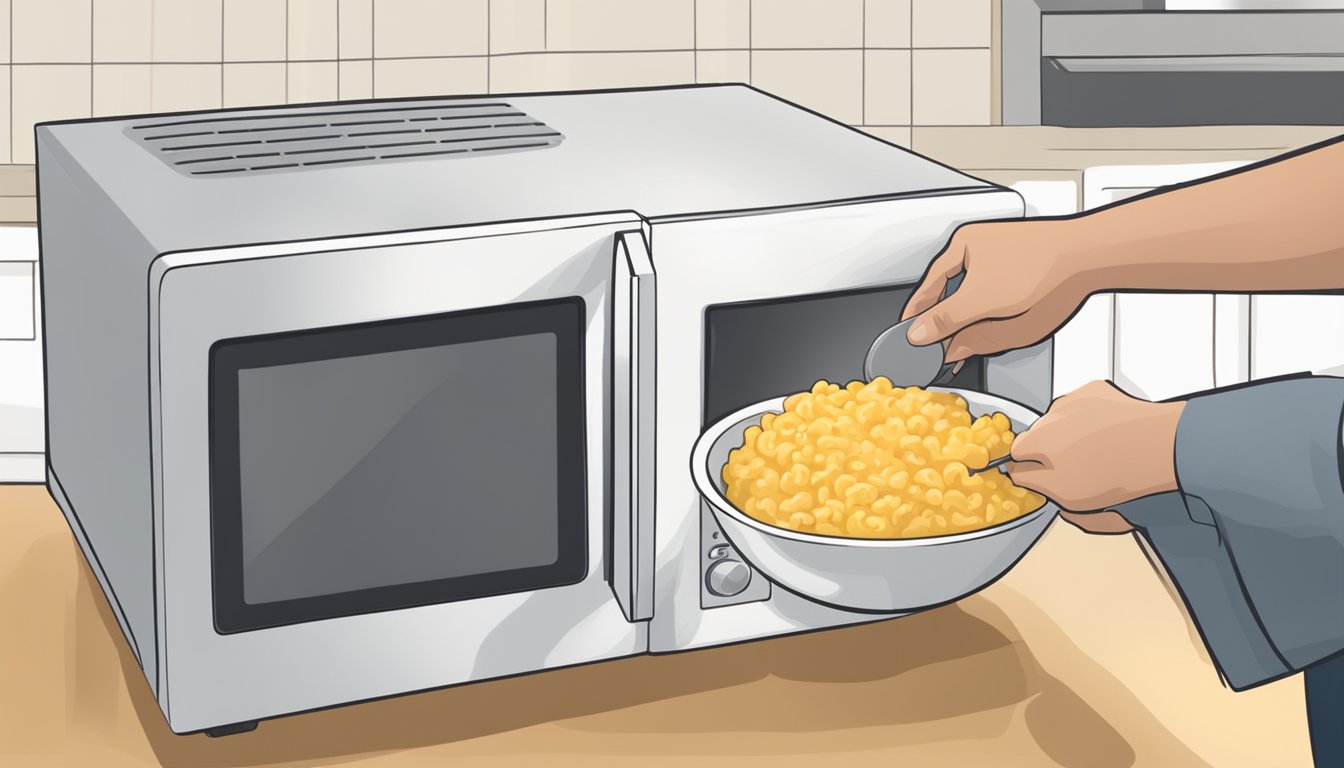 A person placing a bowl of gluten free mac and cheese made with cauliflower into a microwave