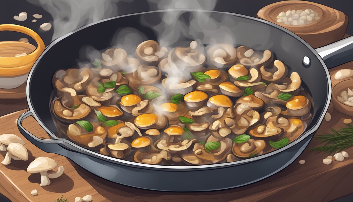 A small skillet sizzling with reheating marinated mushrooms, steam rising, aroma filling the kitchen