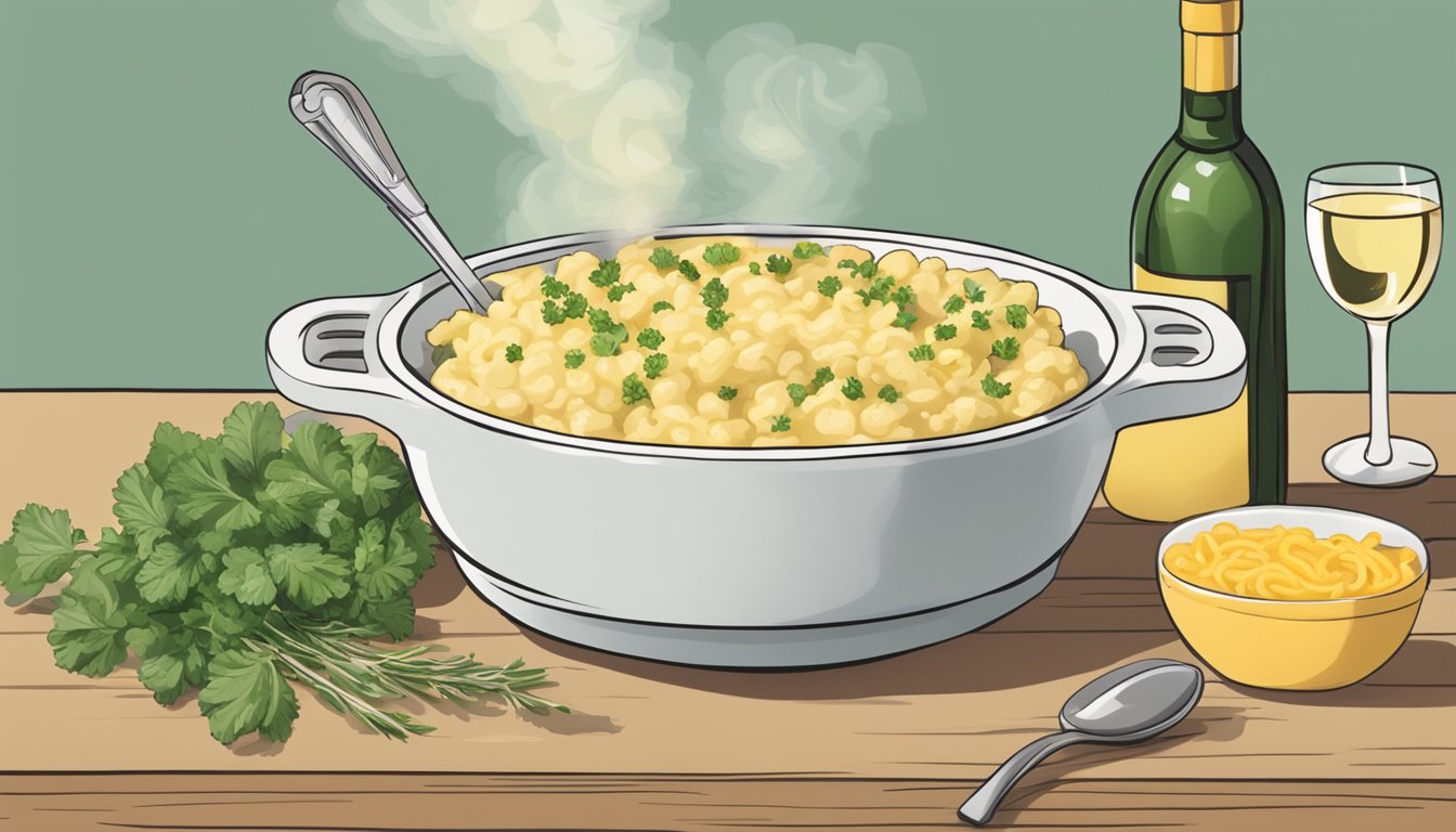 A steaming bowl of gluten-free cauliflower mac and cheese being reheated in the microwave, with a side of fresh herbs and a glass of white wine