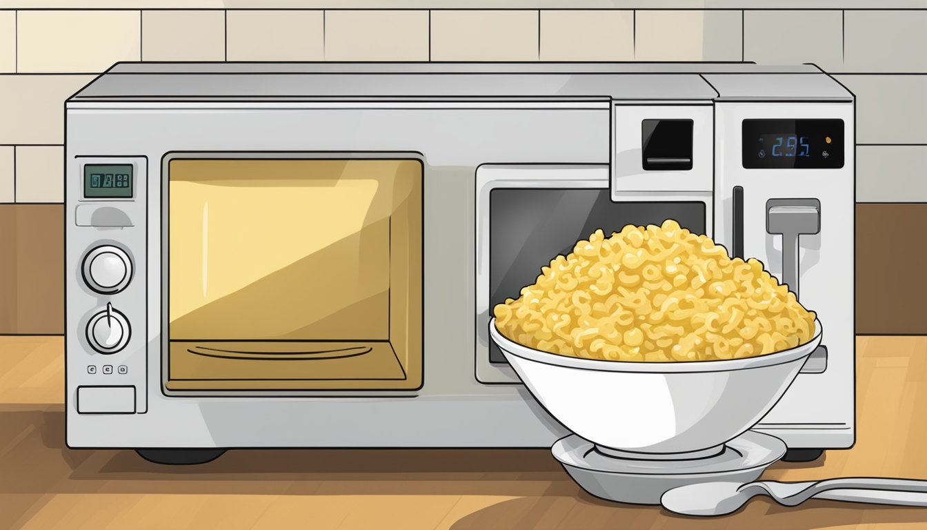 A microwave with a bowl of gluten-free mac and cheese made with cauliflower, being reheated on a plate