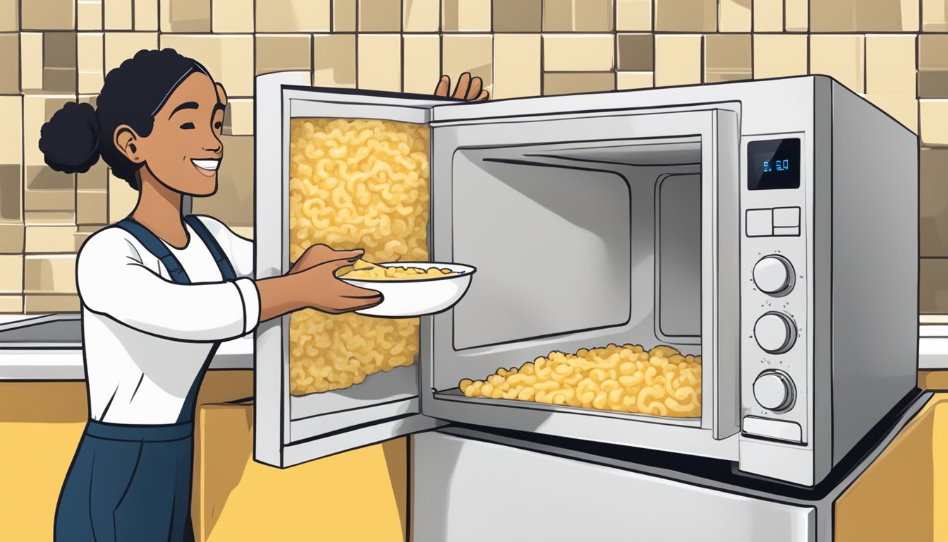 A person placing a bowl of gluten free mac and cheese made with cauliflower into a microwave