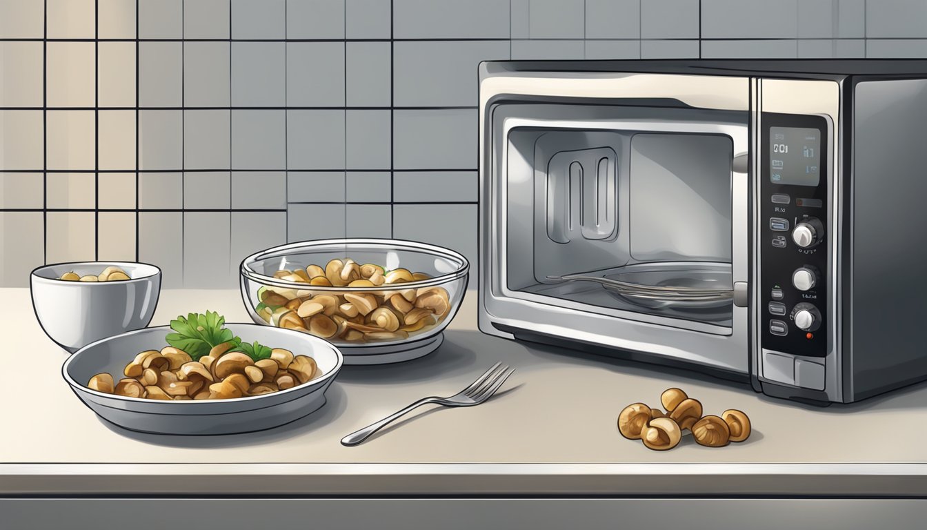 A glass dish of marinated mushrooms being heated in a microwave. A fork and serving platter are nearby