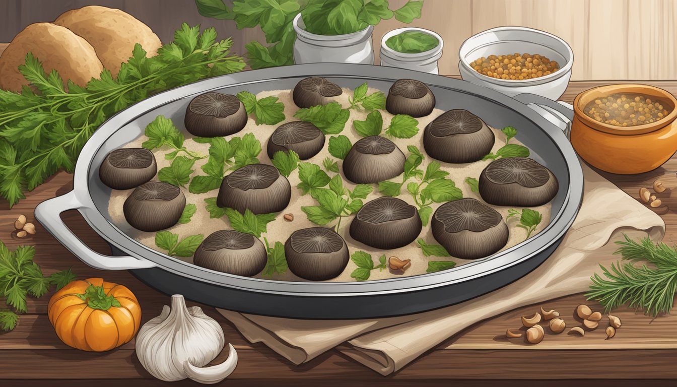 A baking sheet with reheated gluten-free portobello mushroom caps on a wooden table, surrounded by fresh herbs and spices