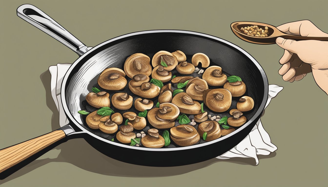 Gluten-free marinated mushrooms sizzling in a skillet, releasing a savory aroma. A chef's hand gently stirring them with a wooden spoon