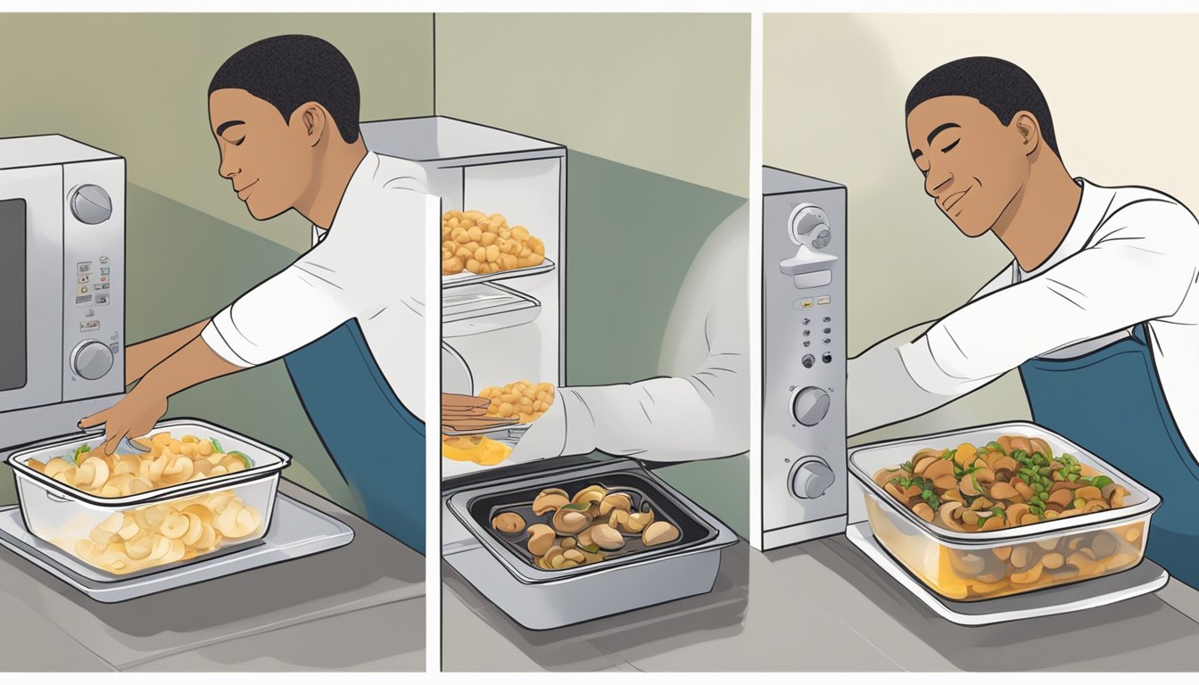 A person placing a container of marinated mushrooms in the microwave, setting the timer, and then removing the hot container with oven mitts