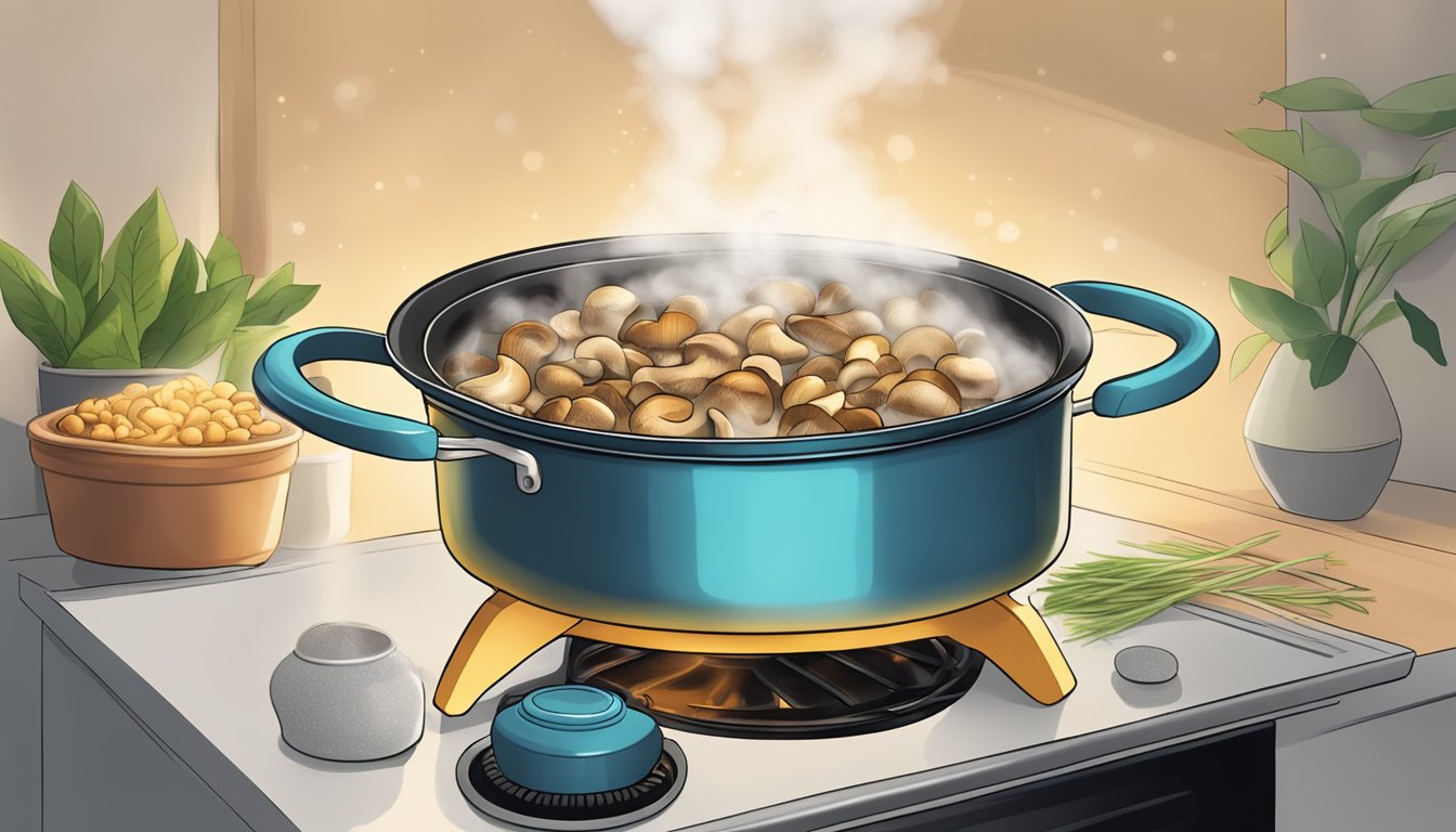 A steaming pot of gluten-free marinated mushrooms being reheated on a stovetop, with a fragrant aroma wafting through the air