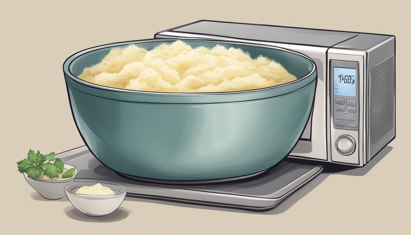 A steaming bowl of gluten-free mashed potatoes being reheated in a microwave-safe dish