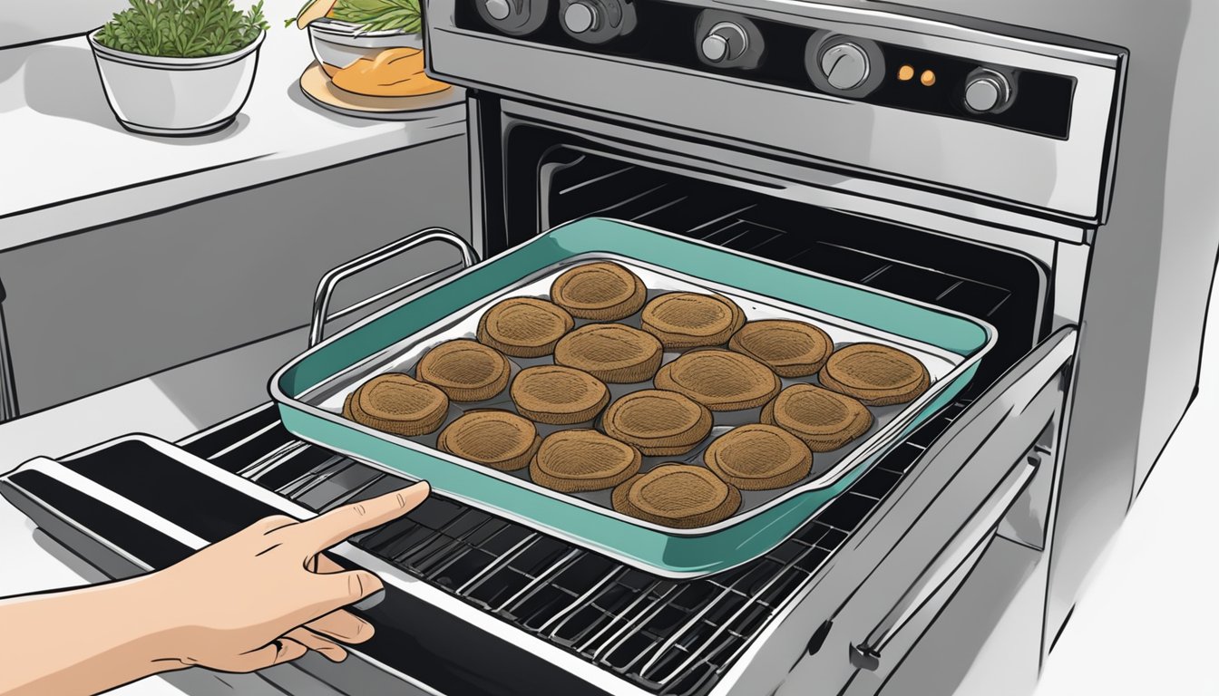 A hand reaching into an oven to pull out a baking sheet with gluten-free portobello mushroom caps being reheated, surrounded by aromatic herbs and spices