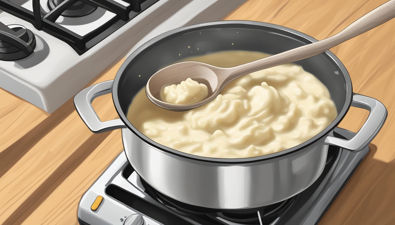 A pot of gluten free mashed potatoes being gently reheated on a stovetop, with a wooden spoon stirring the creamy mixture