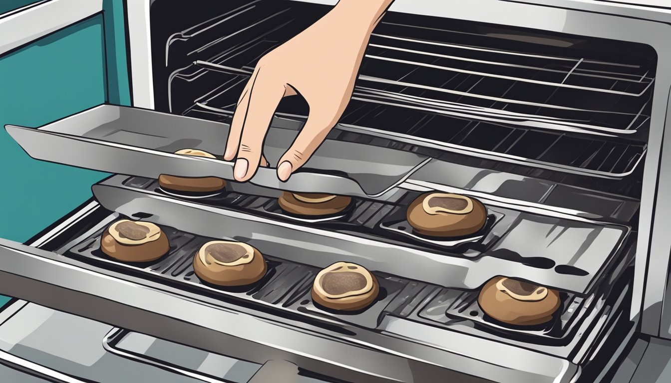 A hand placing portobello caps on a baking sheet in an oven