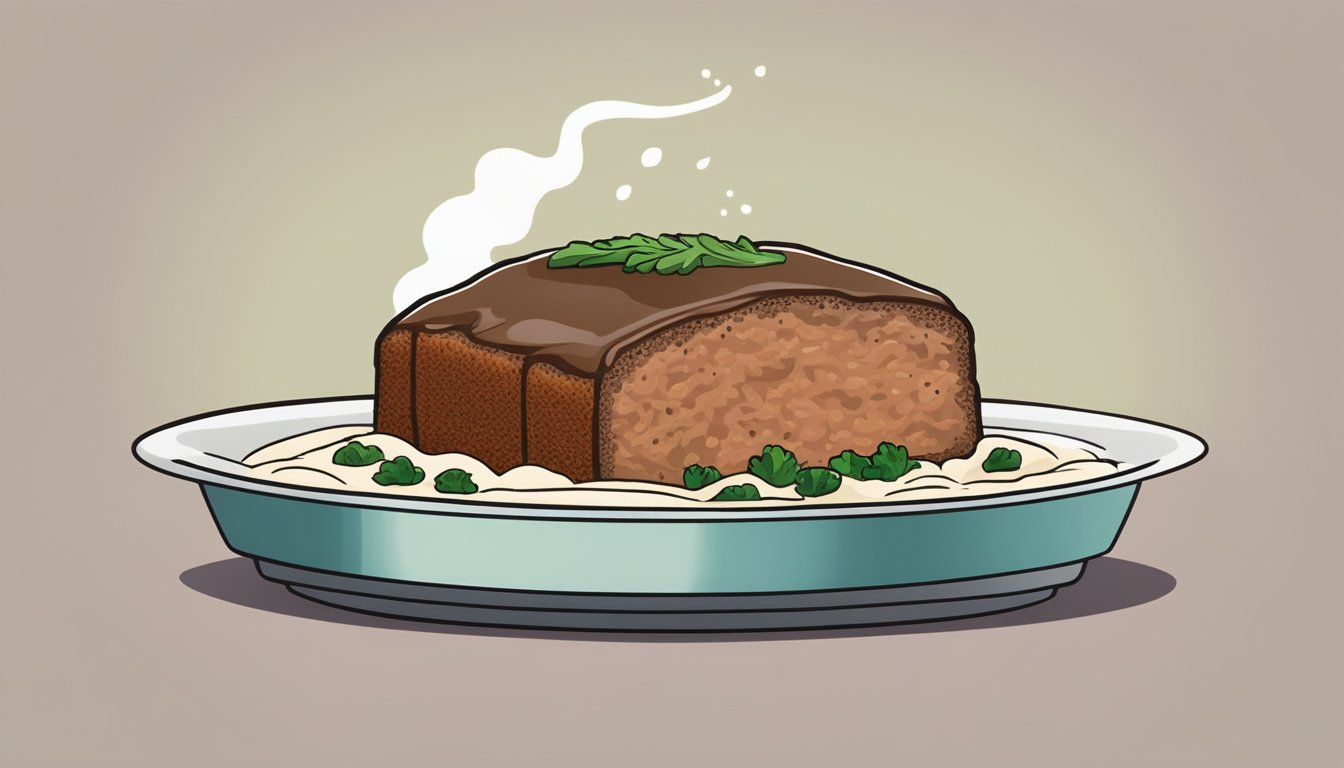 A slice of gluten-free meatloaf being reheated in a microwave on a plate, with steam rising from the hot food