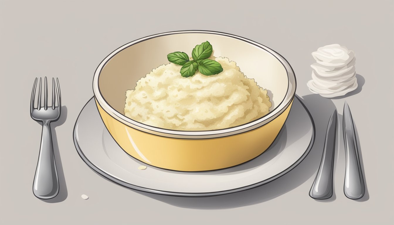 A microwave-safe dish of gluten-free mashed potatoes covered with a damp paper towel, with a fork beside it