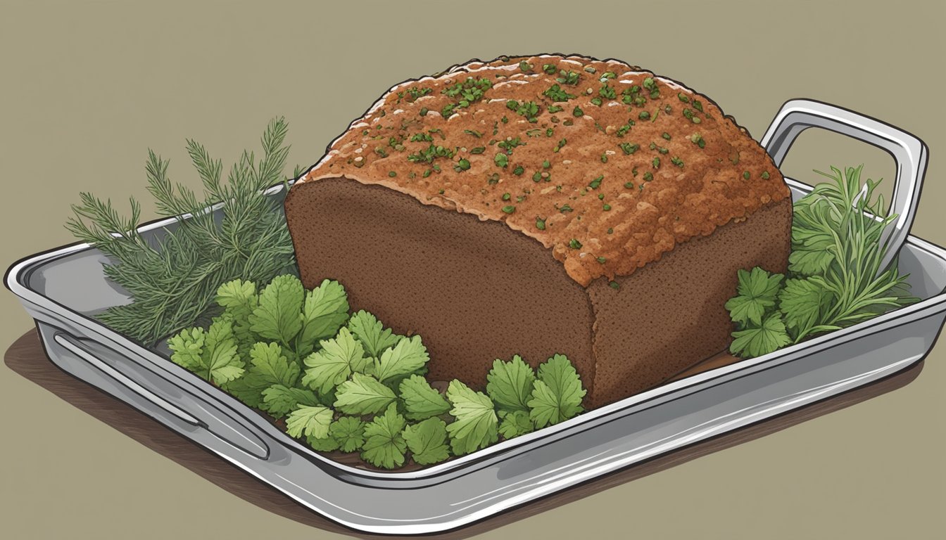 A gluten-free meatloaf sits on a baking sheet, surrounded by fresh herbs and spices. An oven mitt is nearby, ready for reheating