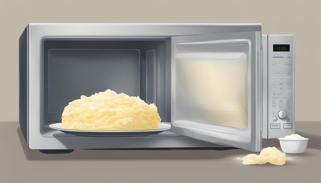 A microwave with a plate of gluten-free mashed potatoes covered with a microwave-safe lid