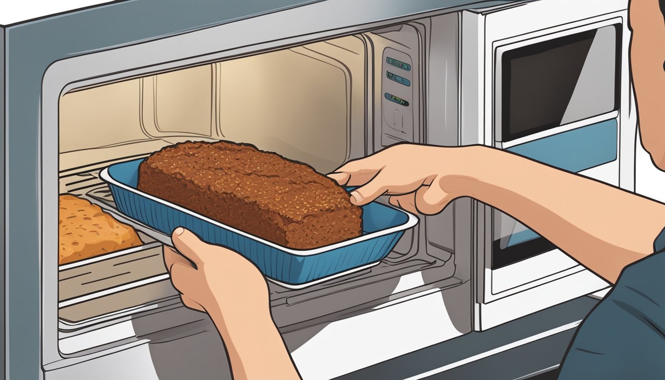 A person placing a slice of gluten free meatloaf onto a microwave-safe plate and covering it with a microwave-safe cover before reheating it in the microwave