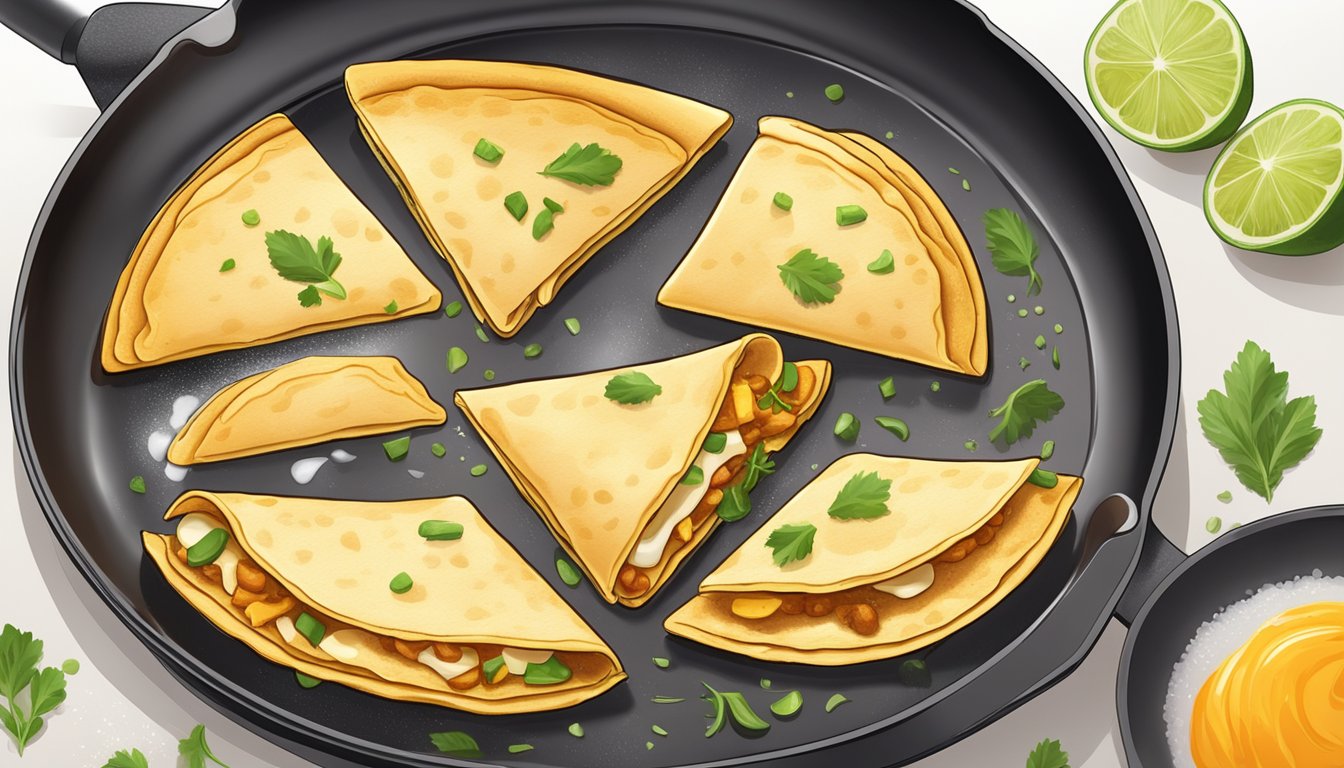 A plate of golden-brown gluten-free quesadillas being reheated on a non-stick skillet, with steam rising and the aroma of melted cheese and spices filling the air