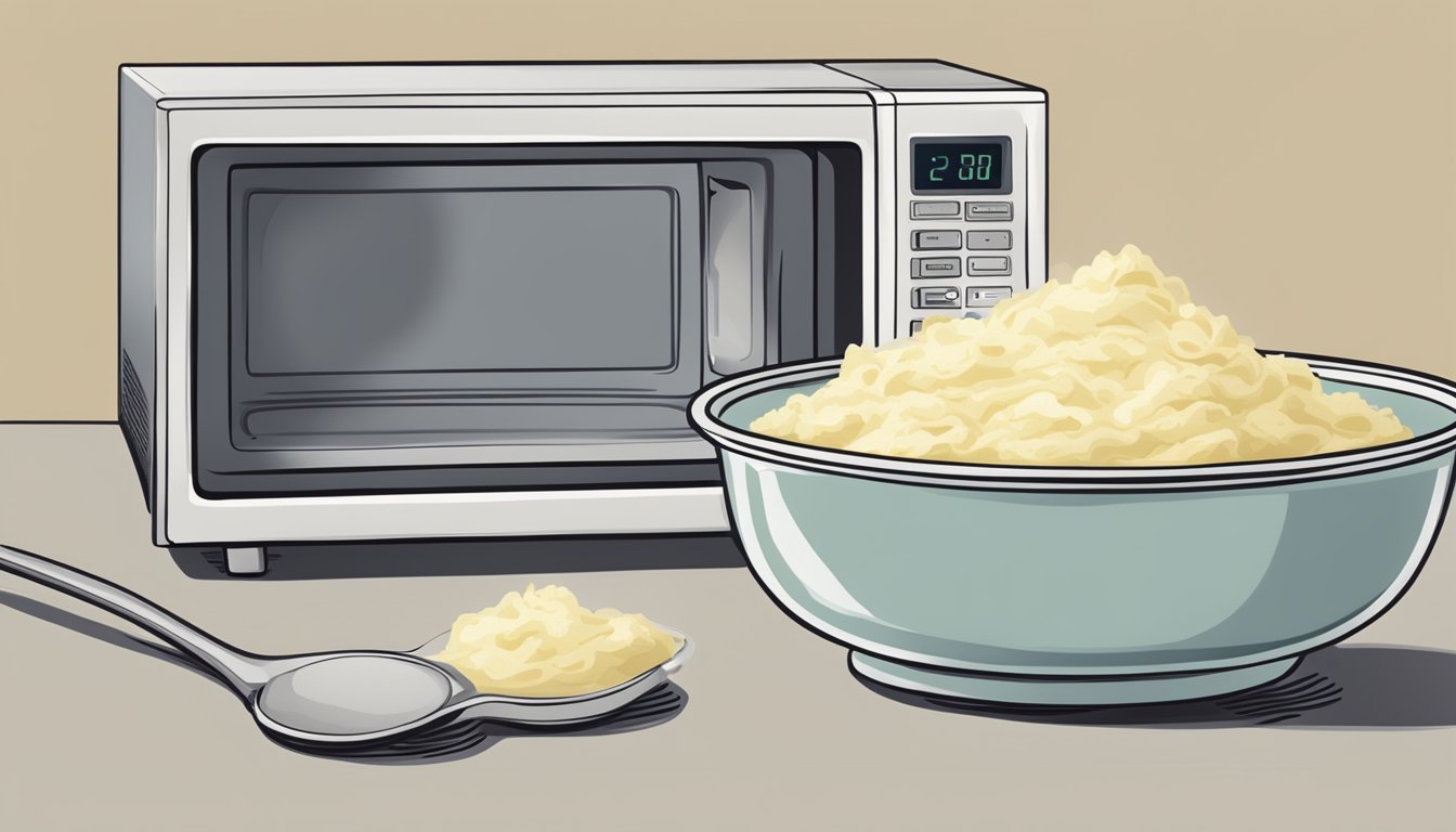 A steaming bowl of creamy mashed potatoes being reheated in the microwave