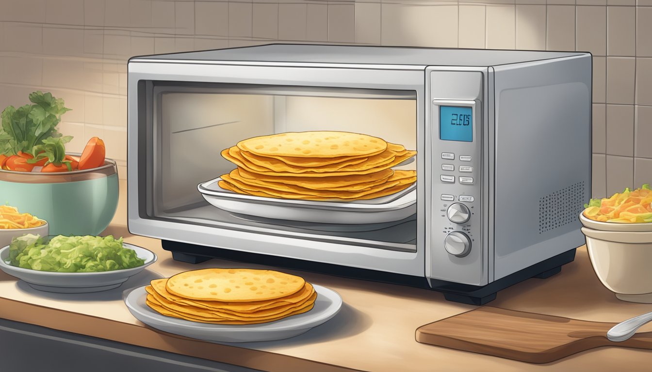 A microwave with a plate of gluten-free quesadillas inside, steam rising as they heat up for a perfect texture and flavor