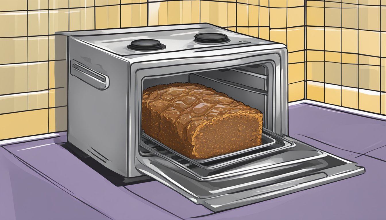 A plate of gluten-free meatloaf wrapped in foil, placed in the oven. A timer is set and the oven door is closed