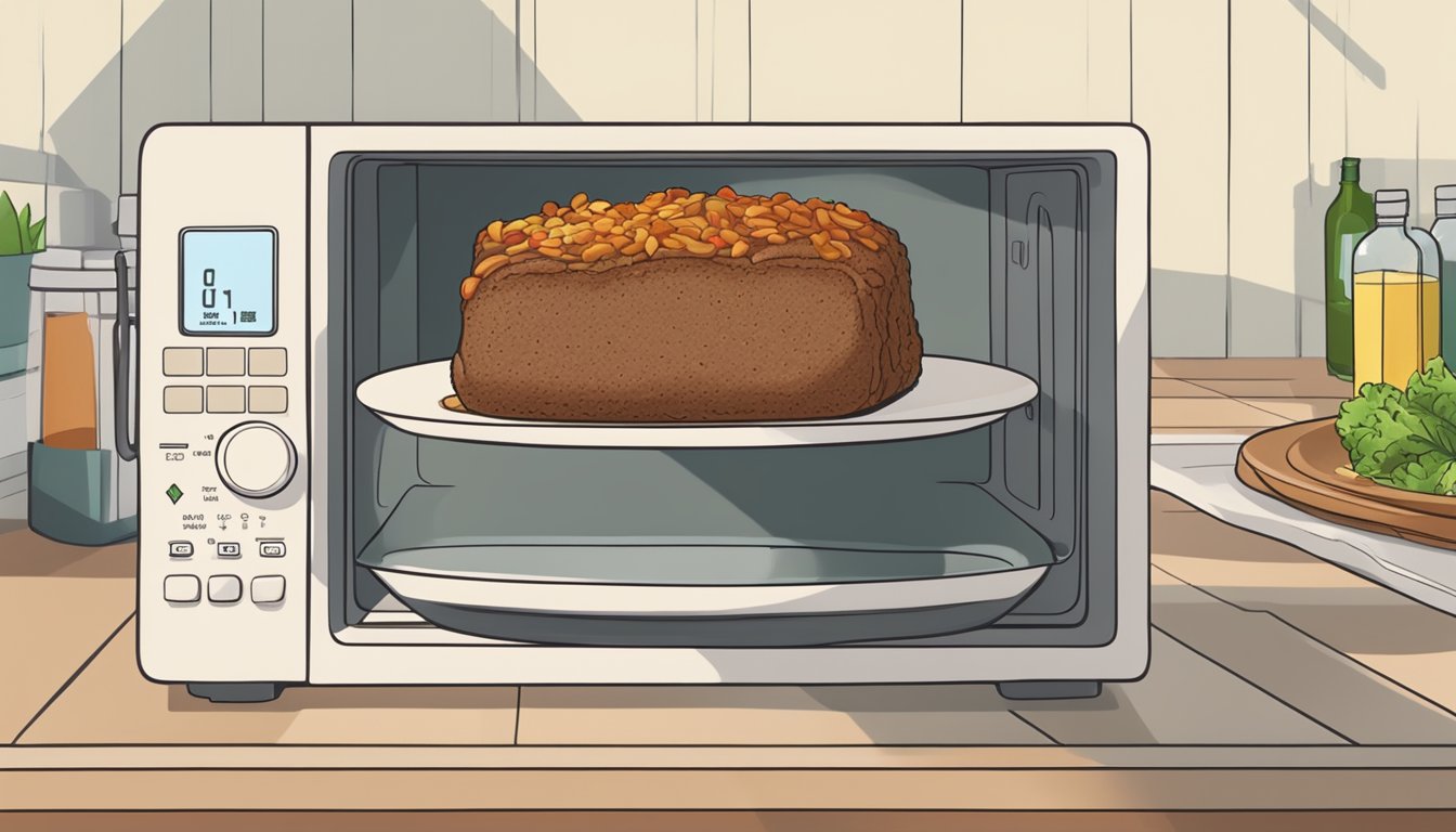 A plate of gluten-free meatloaf being reheated in the microwave