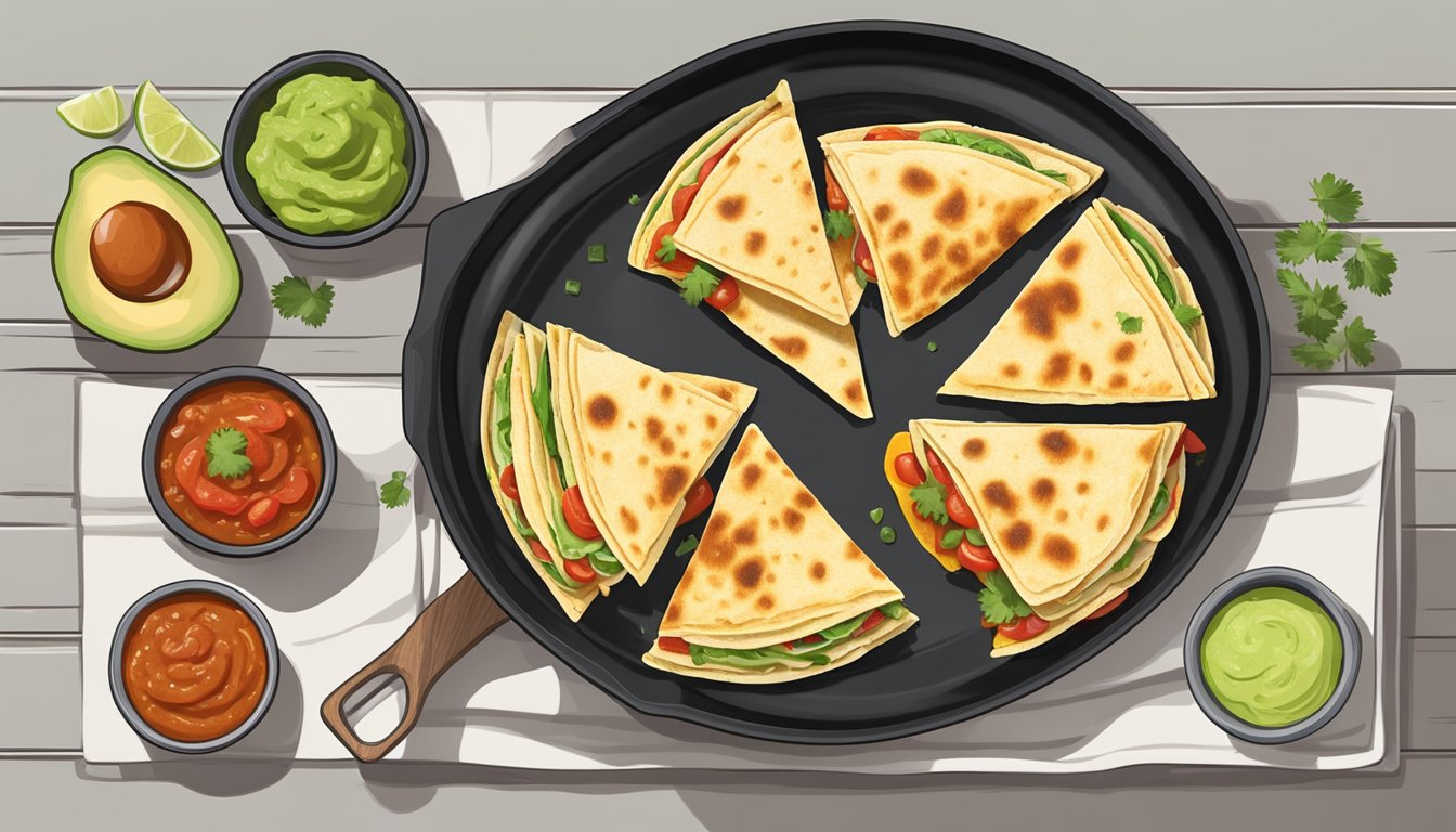 A plate of gluten-free quesadillas being reheated on a non-stick skillet, with a side of salsa and guacamole in small bowls