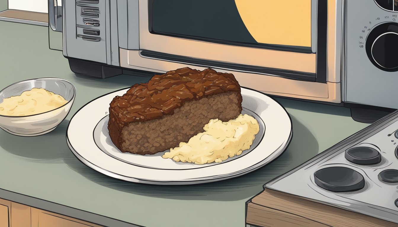 A plate of gluten-free meatloaf with mashed potatoes being reheated in a microwave