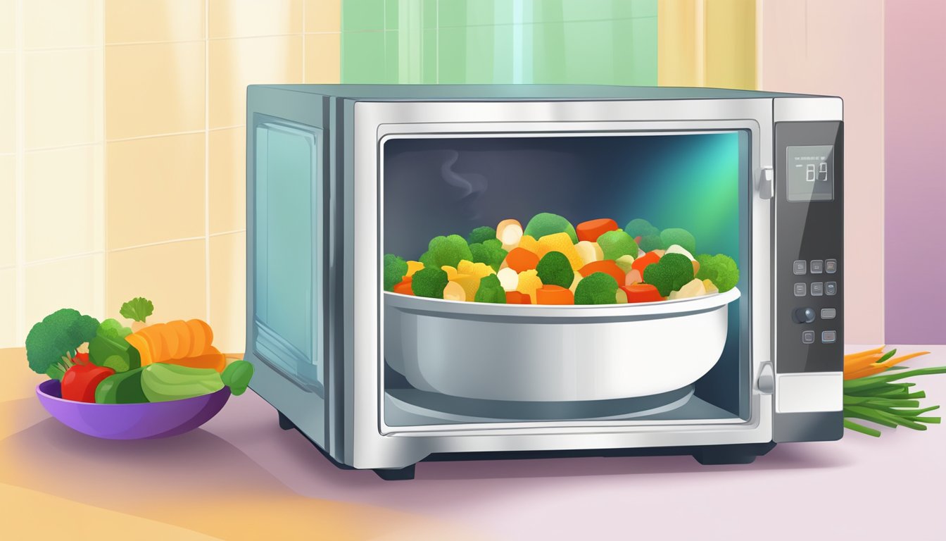 A steaming bowl of colorful, gluten-free mixed vegetables being reheated in a microwave