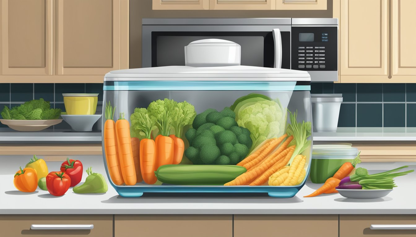 A colorful array of gluten-free mixed vegetables arranged in a glass container, with a lid, sitting on a kitchen counter next to a microwave