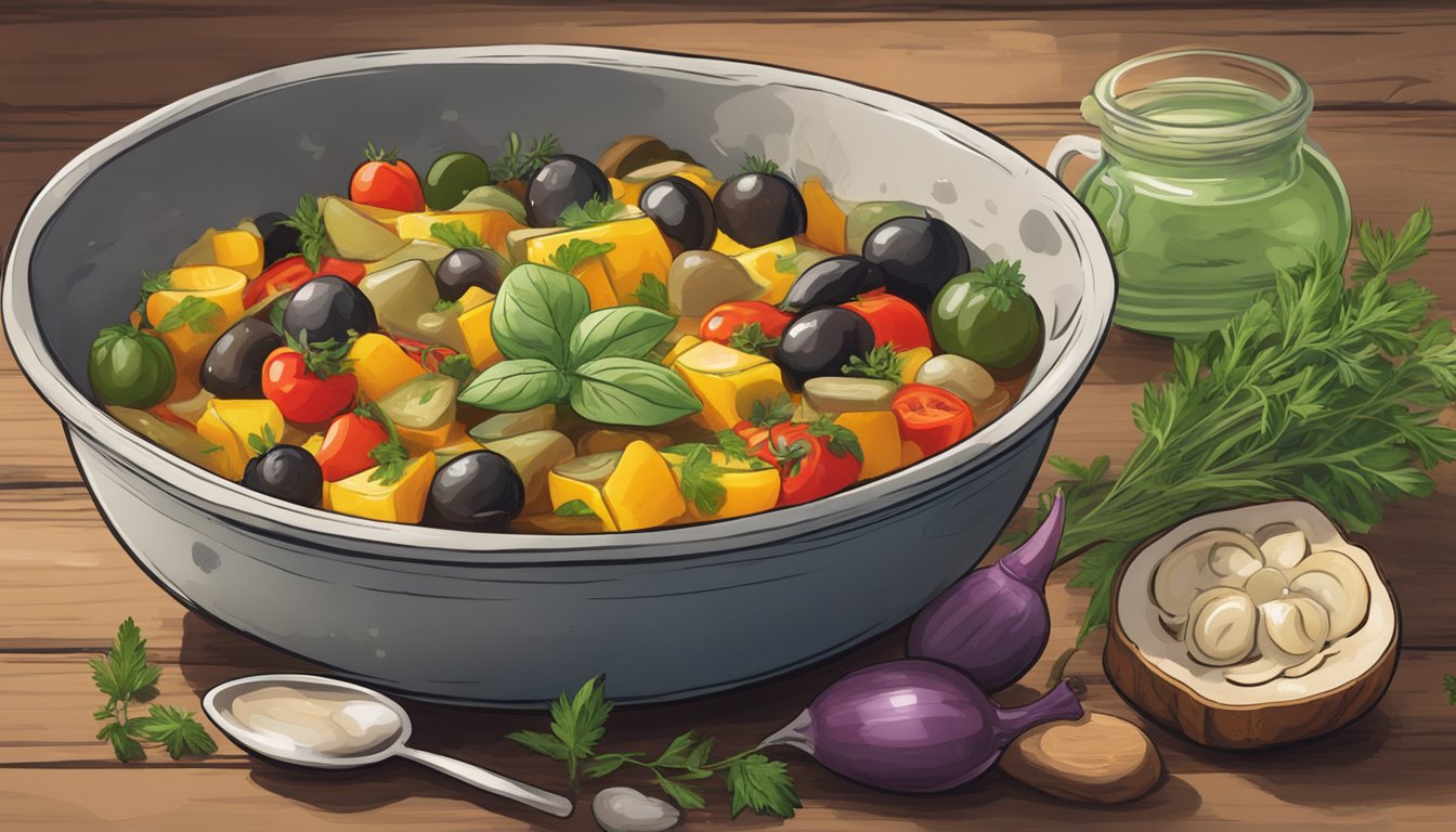 A steaming bowl of gluten-free ratatouille sits on a rustic wooden table, surrounded by fresh herbs and a drizzle of olive oil