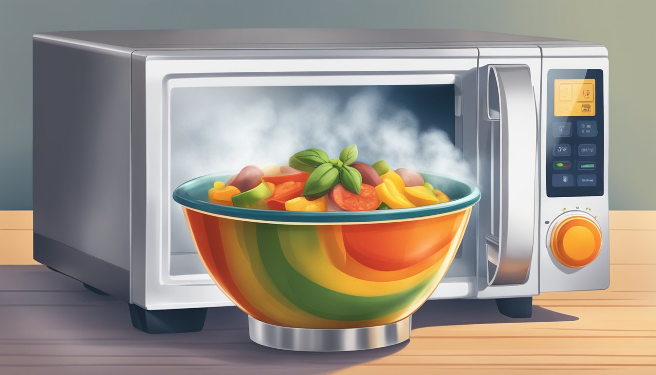 A colorful bowl of gluten-free ratatouille being placed in the microwave, with steam rising as it heats up for optimal flavor and texture