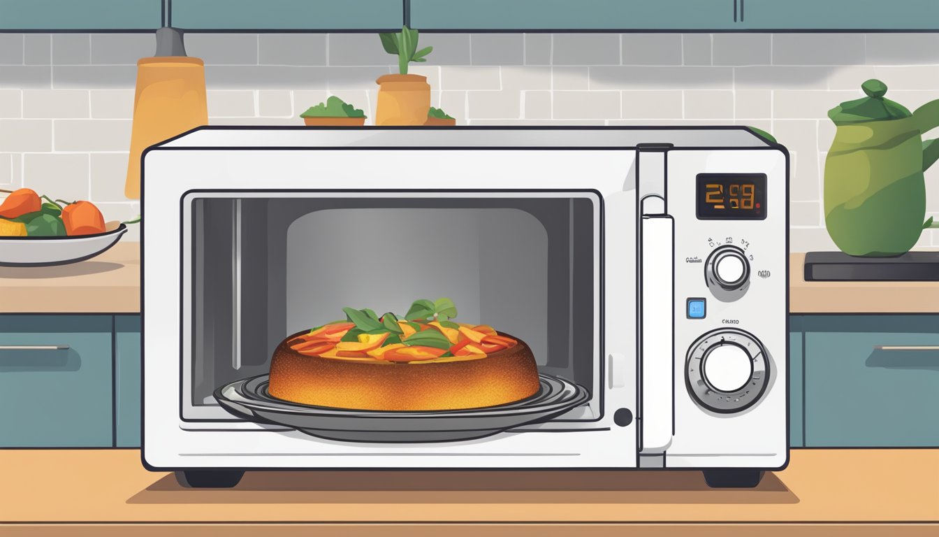 A microwave with a plate of gluten-free ratatouille inside, steam rising from the dish. A stovetop with a pot of ratatouille being gently reheated