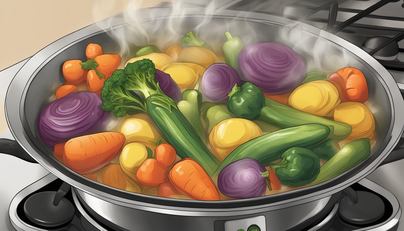 A pot of mixed vegetables sizzling on a stovetop, steam rising as they are being reheated for enhanced flavor