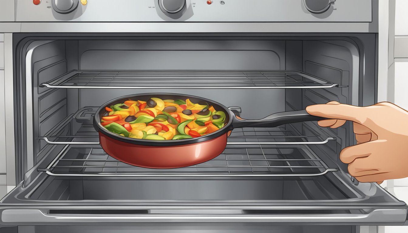 A colorful gluten-free ratatouille dish being carefully reheated in the oven, emitting a tantalizing aroma