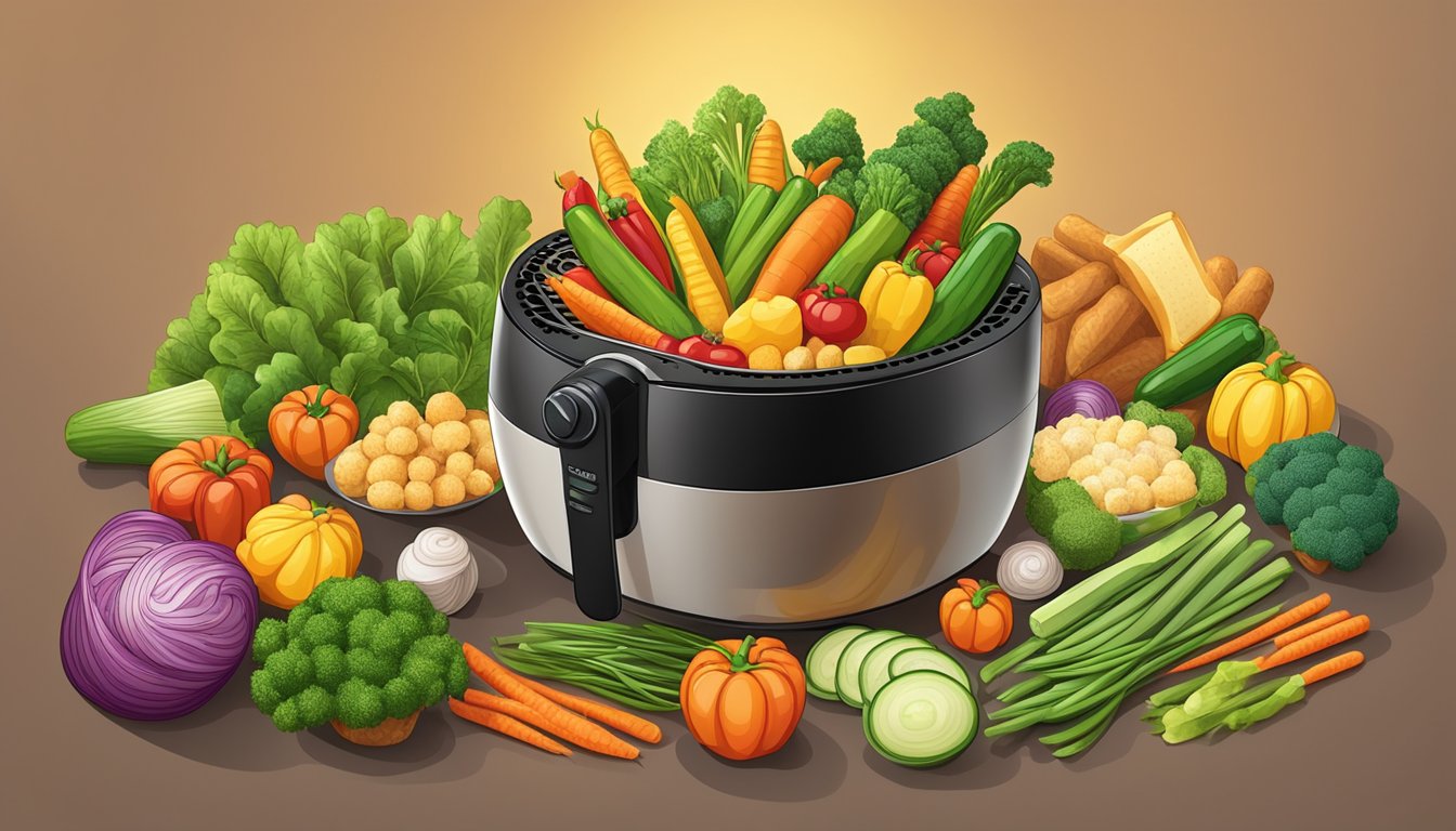 A colorful array of gluten-free mixed vegetables arranged in an air fryer basket, surrounded by the warm glow of the appliance's heating element