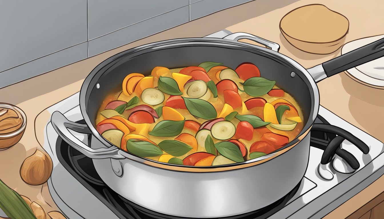 A pot of gluten free ratatouille being reheated on a stovetop