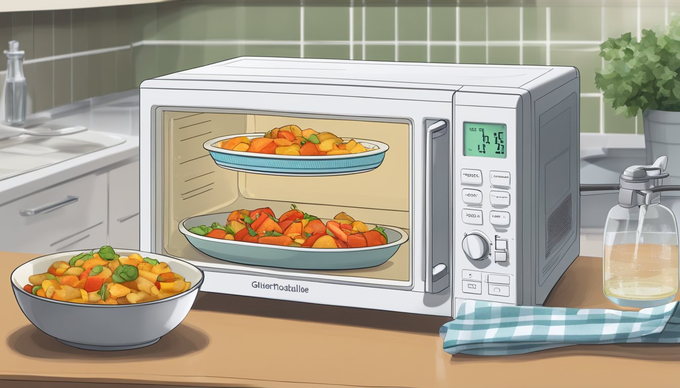 A plate of gluten-free ratatouille sits in a microwave next to a glass of water. The microwave display shows a timer counting down as the food rotates on the turntable