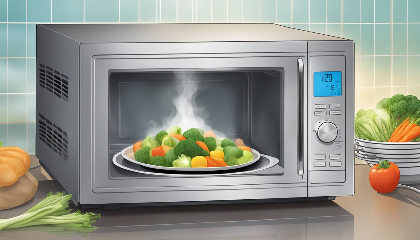 A microwave with a plate of gluten-free mixed vegetables inside, steam rising from the food as it heats up