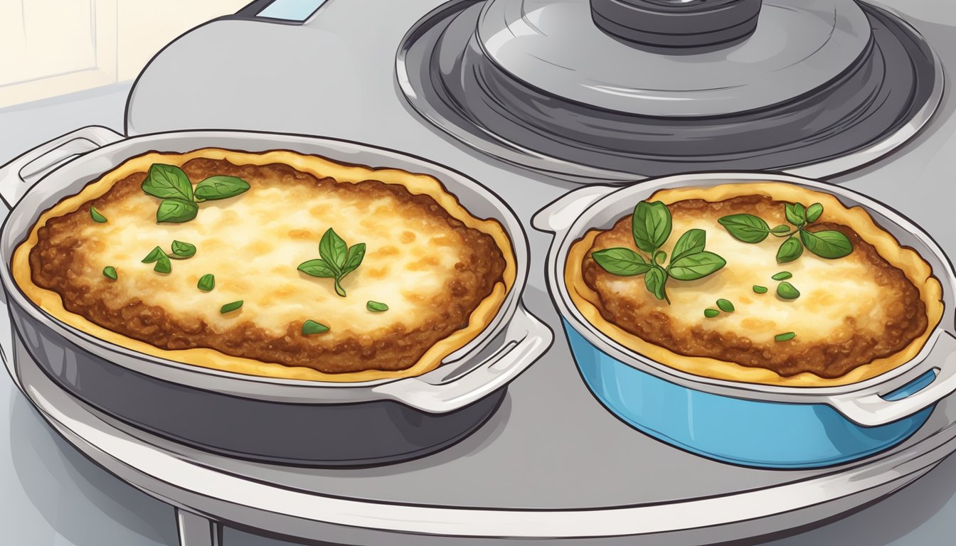 A gluten-free moussaka dish being reheated in a microwave or oven, emitting steam and a tantalizing aroma