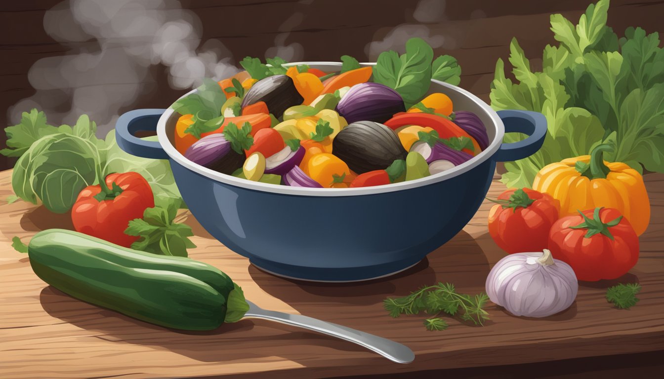 A steaming bowl of ratatouille sits on a rustic wooden table, surrounded by colorful vegetables and herbs. A fork hovers above, ready to dig in