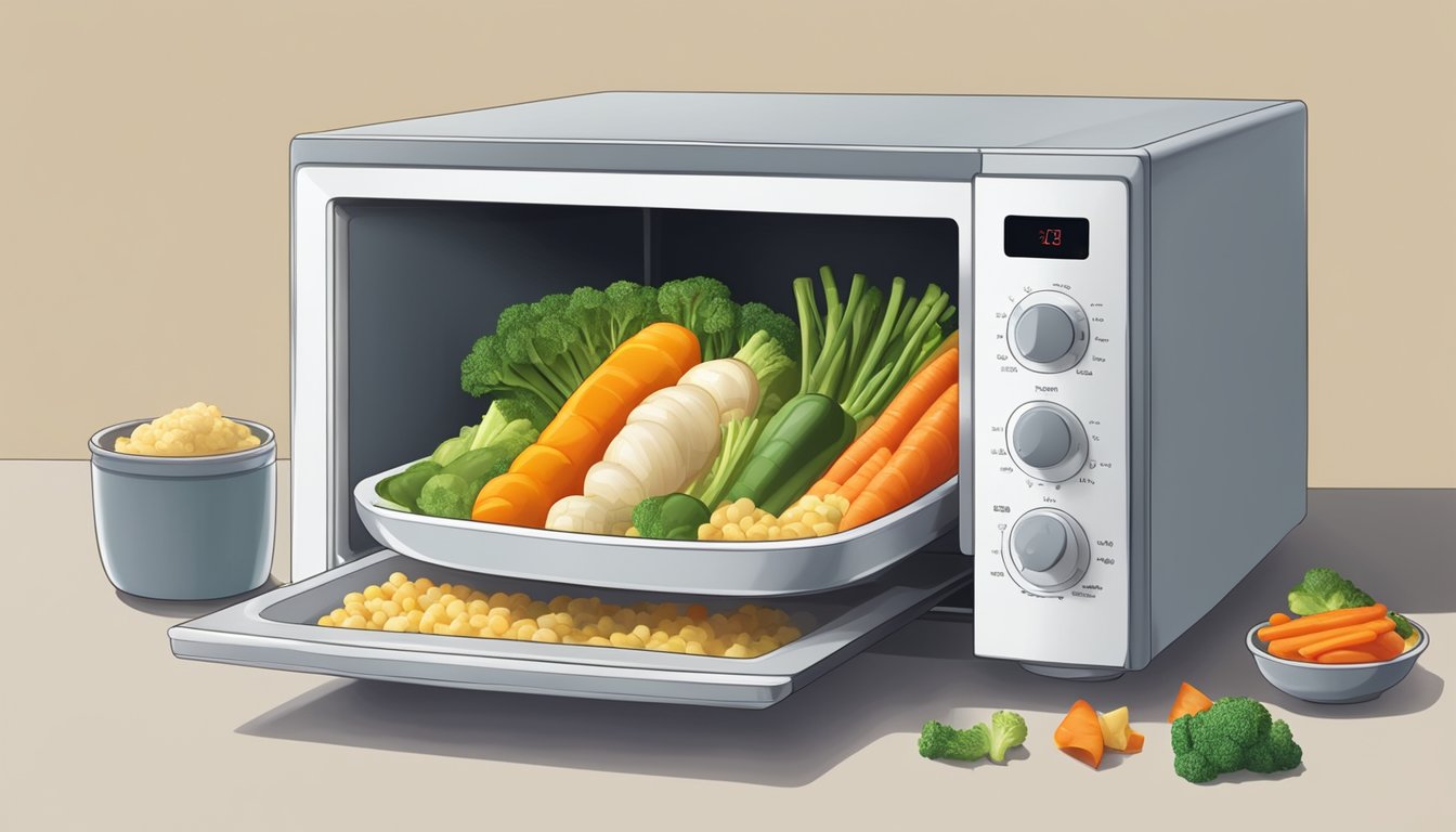 A microwave-safe dish with a colorful array of gluten-free mixed vegetables being heated up in the microwave