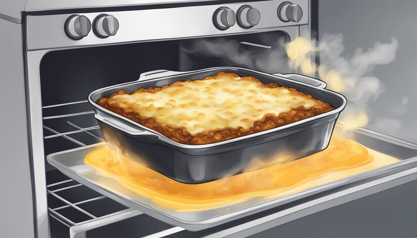 A plate of gluten free moussaka being reheated in the oven, with steam rising and the cheese on top melting and bubbling